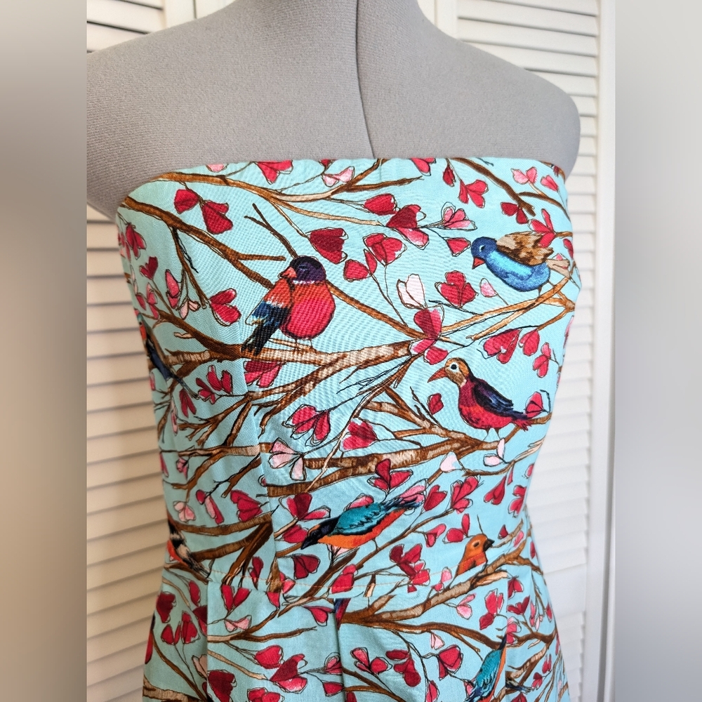 BEEBOP & WALLY Zoe Handmade Bustier Pleated Bird Spring Cotton Blue Dress Size M